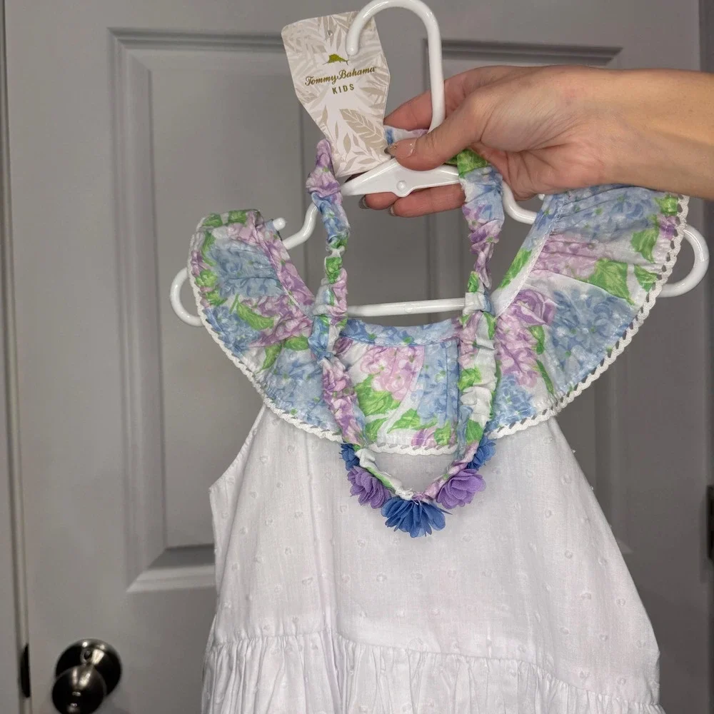 Tommy Bahama Kids Dress White Floral Hydrangea‎ Ruffle Neck Headband Set Size 4T